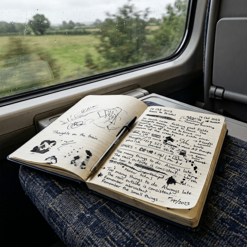 Open journal with handwritten notes and sketches on a train seat by the window
